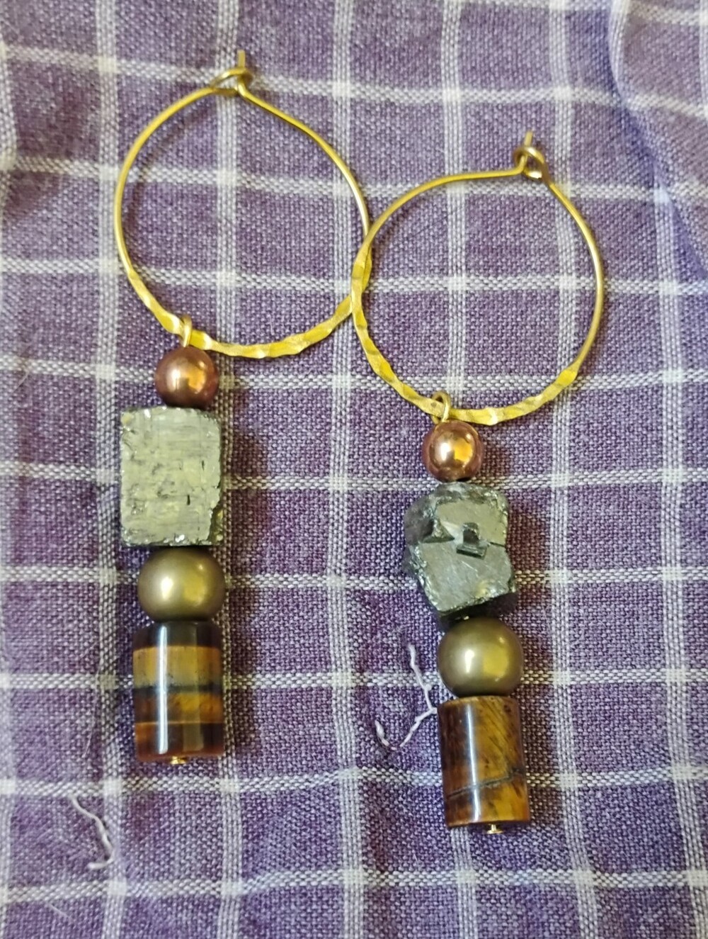 Tiger Eye and Pyrite Crystal Handmade Hoop Earrings